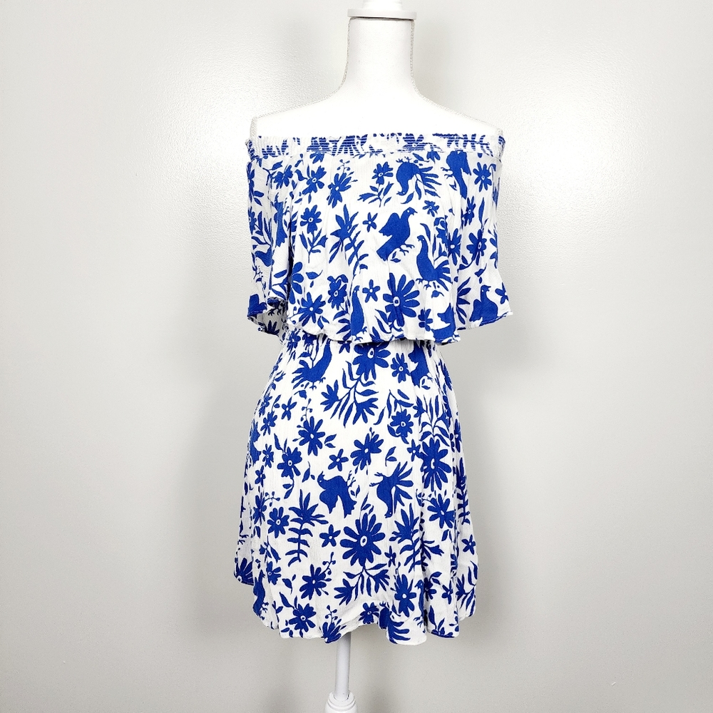 Show Me Your Mumu Off Shoulder Blue And White Casita Mini Dress